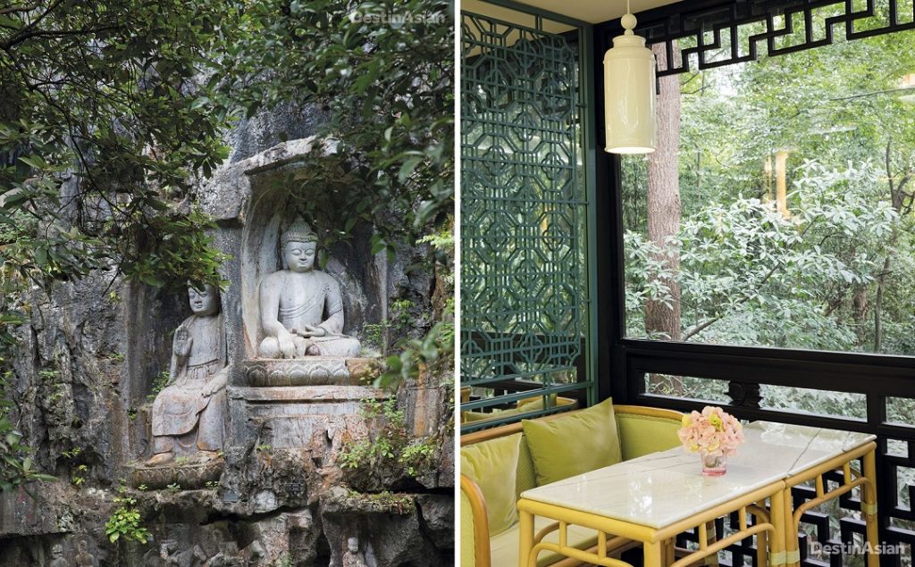 Buddhist rock carvings at the ancient Lingyin temple complex; the upper-story tearoom at La Maison Lu Ming Tang in Longjing.