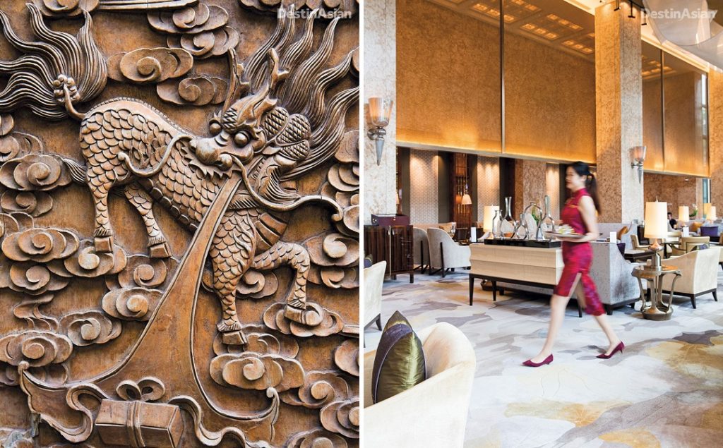 A carving of a mythical qilin at Lingyin Temple; the lobby lounge at the Midtown Shangri-La.