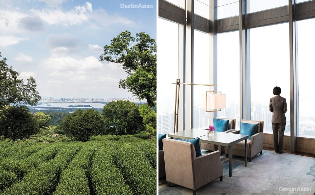 A view across tea plantations toward West Lake; the Sky Lounge at Park Hyatt Hangzhou.