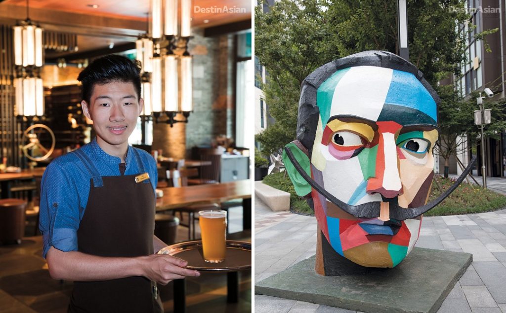 A barman at the Midtown Brewery; public art at the Kerry Centre.