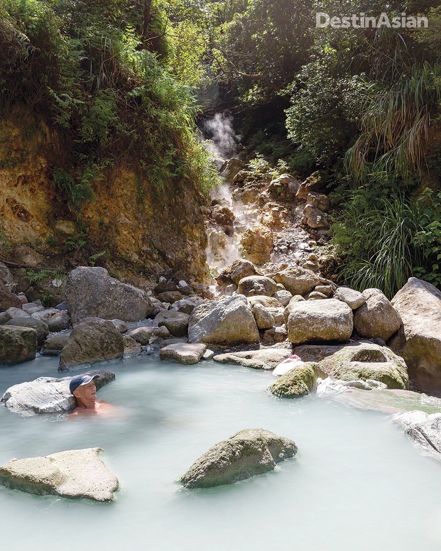 Soaking in a wild hot spring in Yangmingshan National Park.