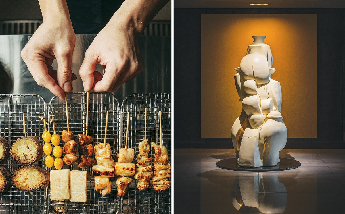 At work over the robata grill at Yurakucho, a hip new izakaya concept in Central; Tilt and Flow, a ceramic sculpture by New York–based artist Sin-ying Ho at the entrance to Regent Hong Kong’s Lai Ching Heen restaurant. (Courtesy of Yurakucho; Courtesy of Regent Hong Kong)