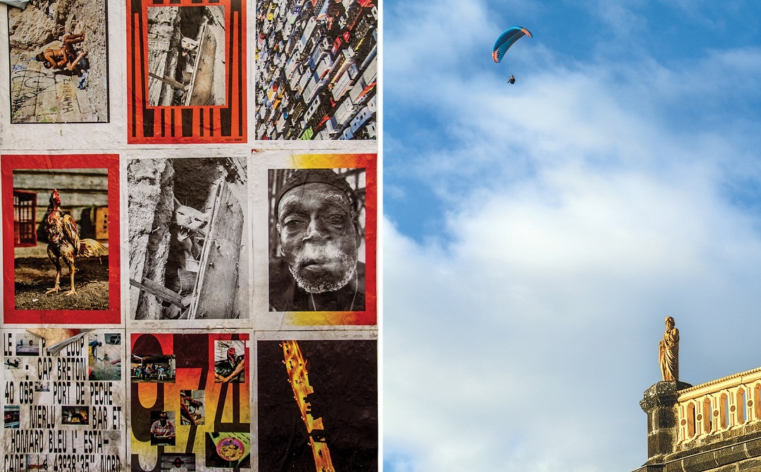 Street posters in Saint-Denis; a paraglider soaring above the Église du Sacré-Cœur in Saint-Leu.