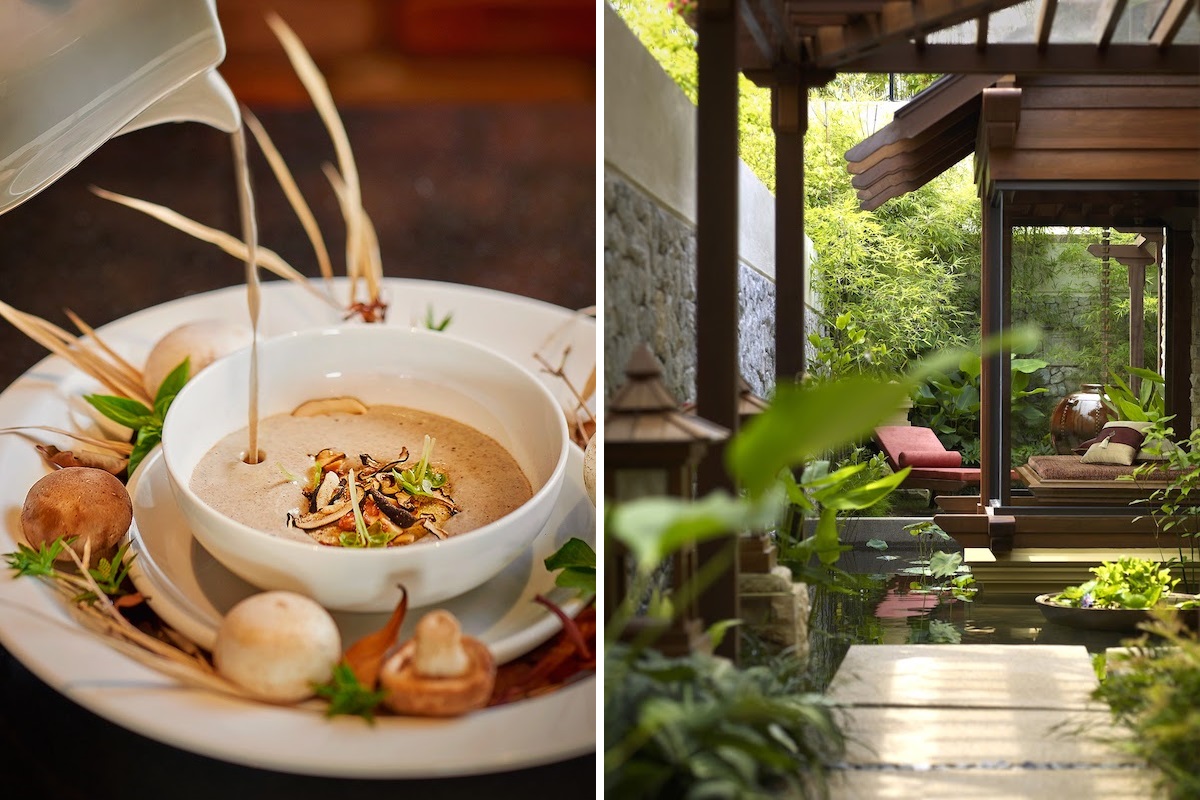 A cream of mushroom soup served at Rasa Sayang; inside a garden villa at Chi, The Spa.