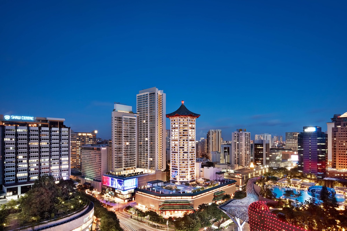 Singapore Marriott Tang Plaza hotel as seen at blue hour.