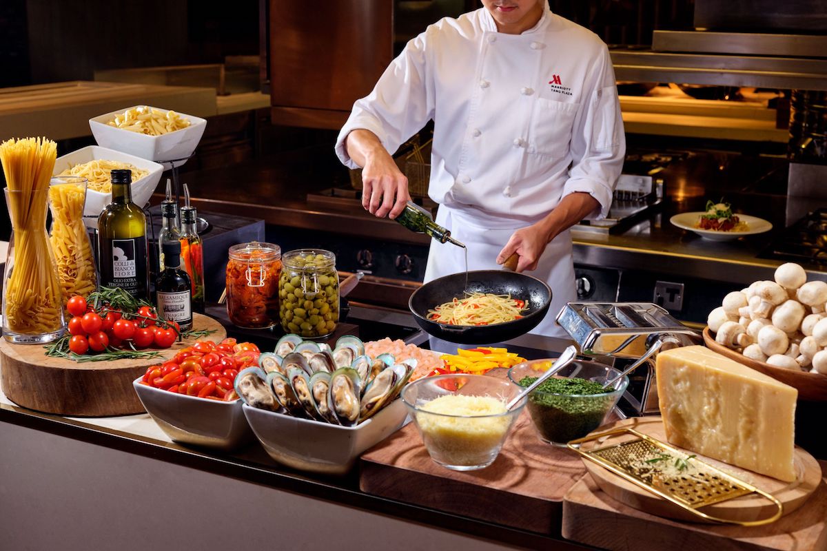 A pasta cooking station at Crossroads Buffet.