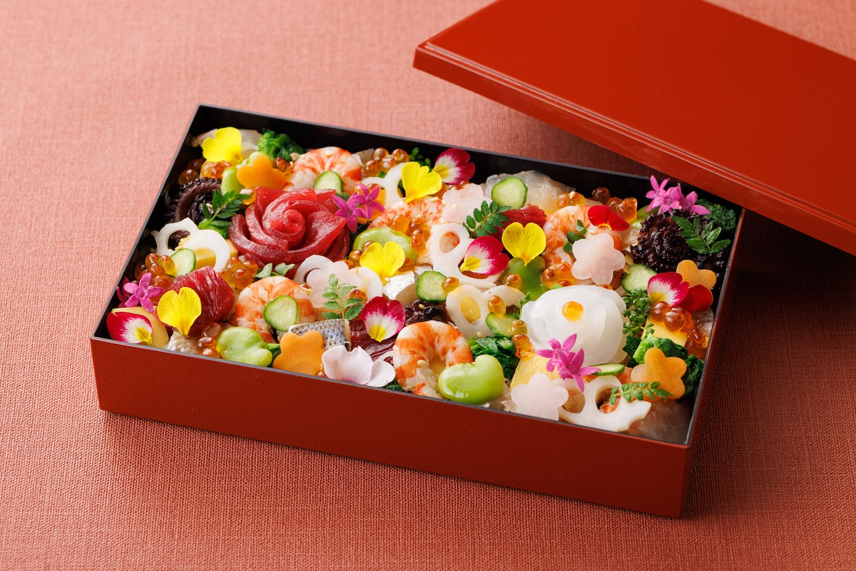 A box of delicate chirashi sushi served at Yamazato, The Okura Tokyo’s high-end Japanese restaurant.